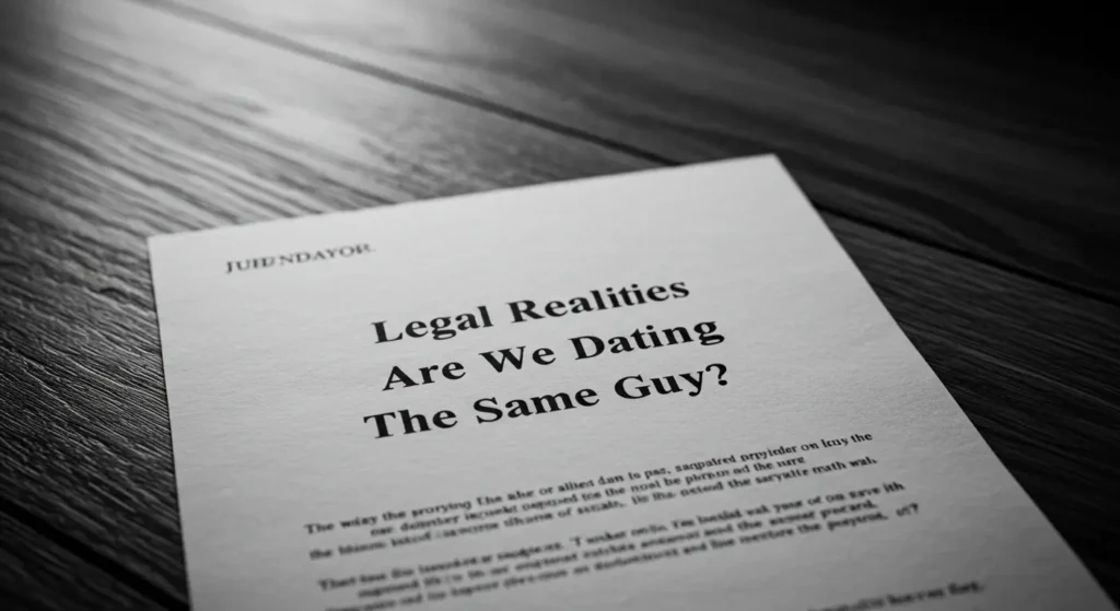 Close-up of a printed legal document titled Legal Realities Are We Dating The Same Guy placed on a wooden surface.