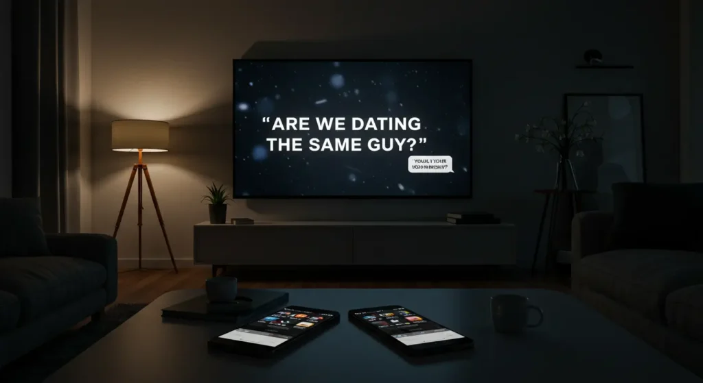 Dark living room with TV screen showing “Are We Dating the Same Guy” text in white
