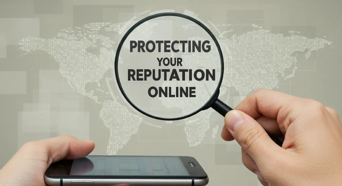 Magnifying glass over text "Protecting Your Reputation Online" with phone in hand.