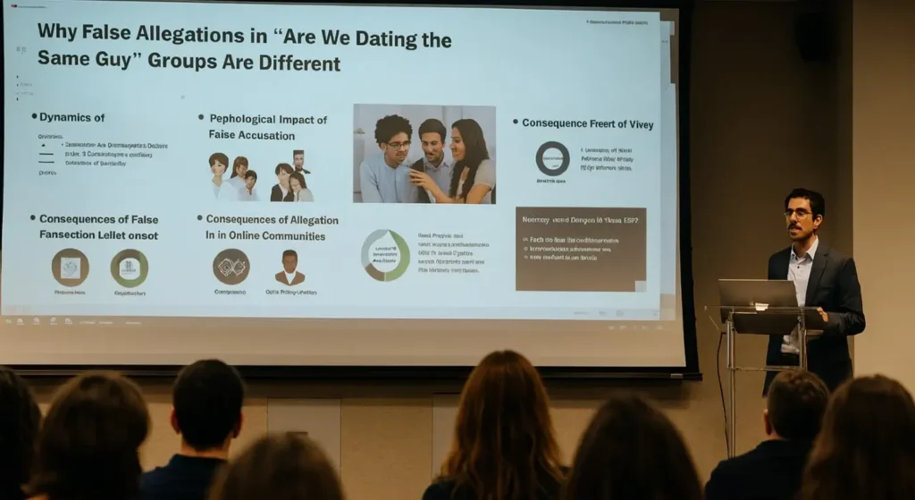 Man giving a presentation on false allegations in “Are We Dating the Same Guy” groups.