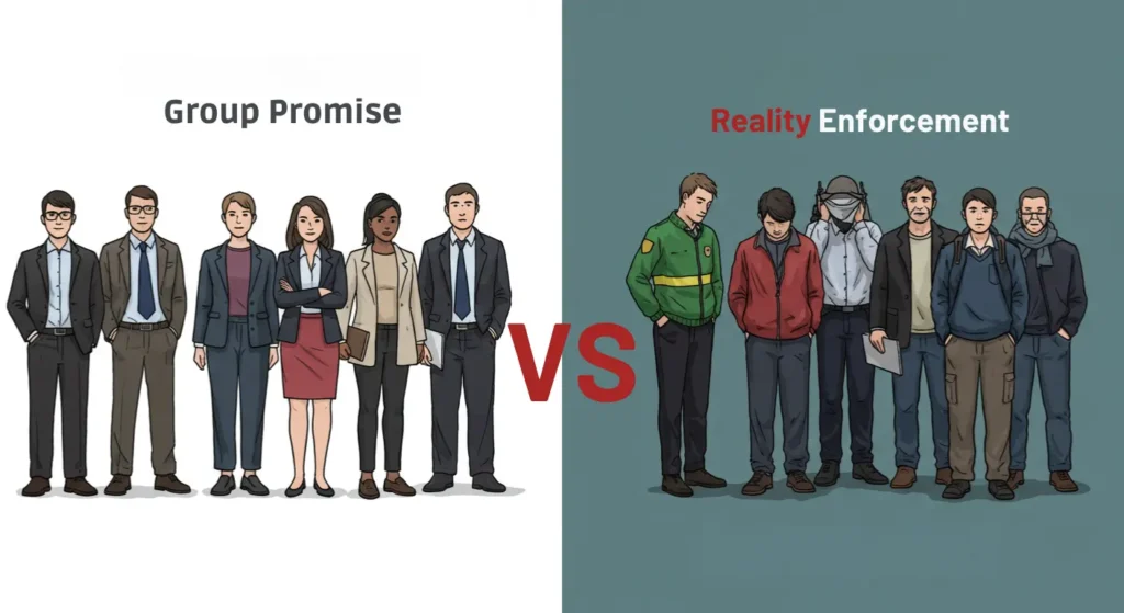 AWDTSG group promise vs reality enforcement illustrated comparison