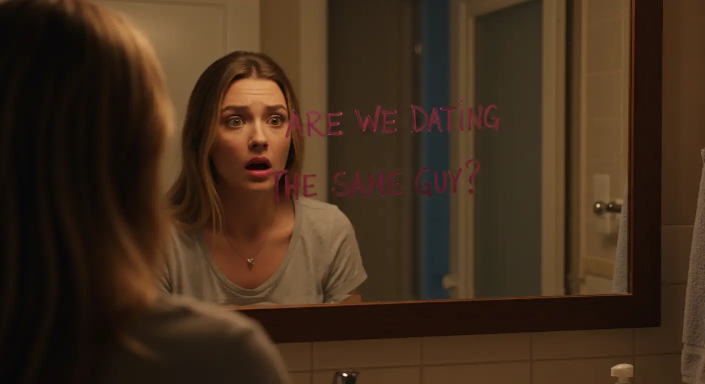 Shocked woman reads ARE WE DATING THE SAME GUY on mirror, linked to AWDTSG group