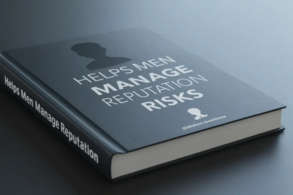 Black hardcover book titled “Helps Men Manage Reputation Risks” on a dark surface