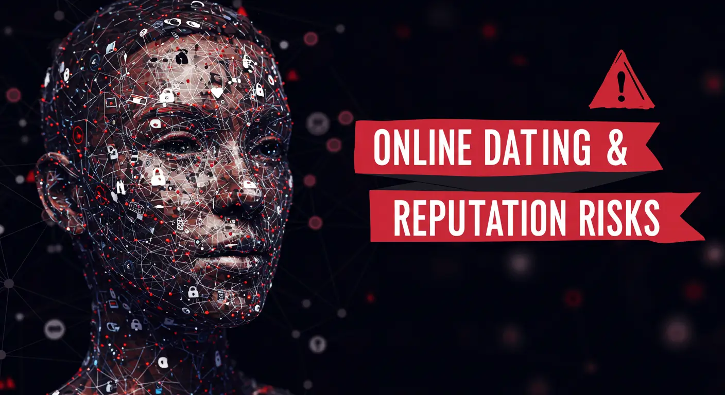 Digital face network showing online dating & reputation risks warning banner