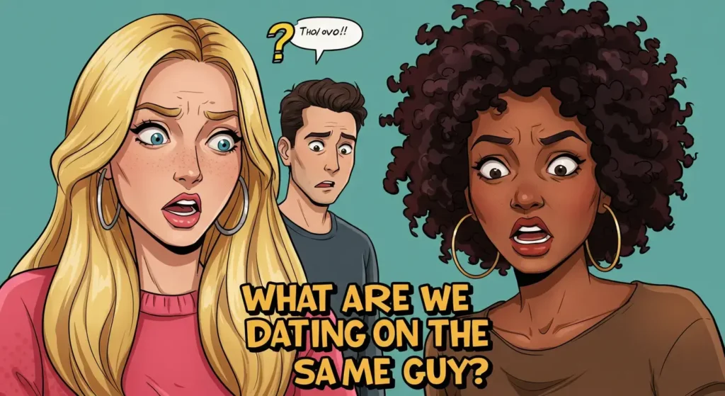 Two shocked women confronting a man with text about dating, AWDTSG theme illustrated