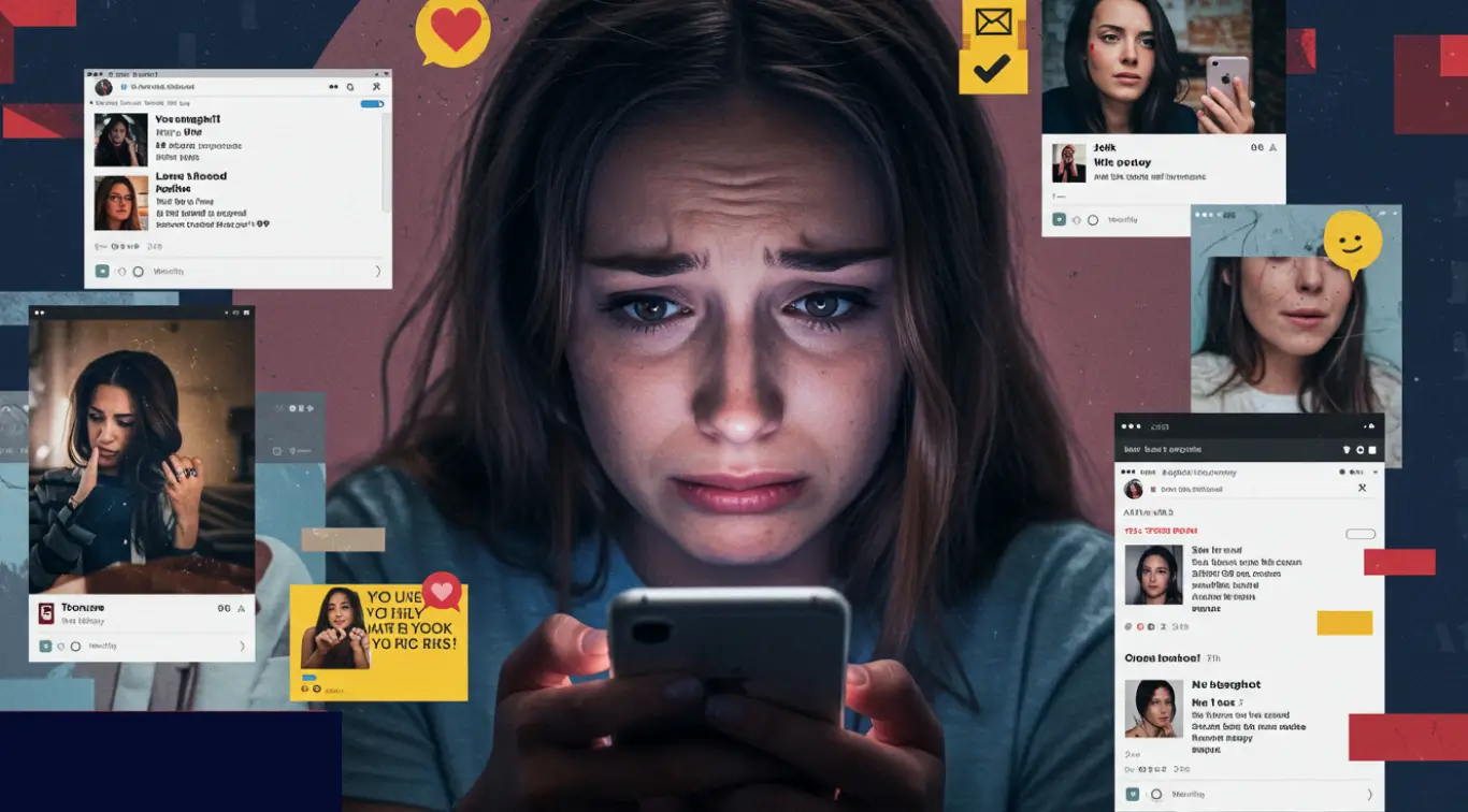 Worried woman seeing posts about her, showing the Consequences of Being Posted in AWDTSG Groups